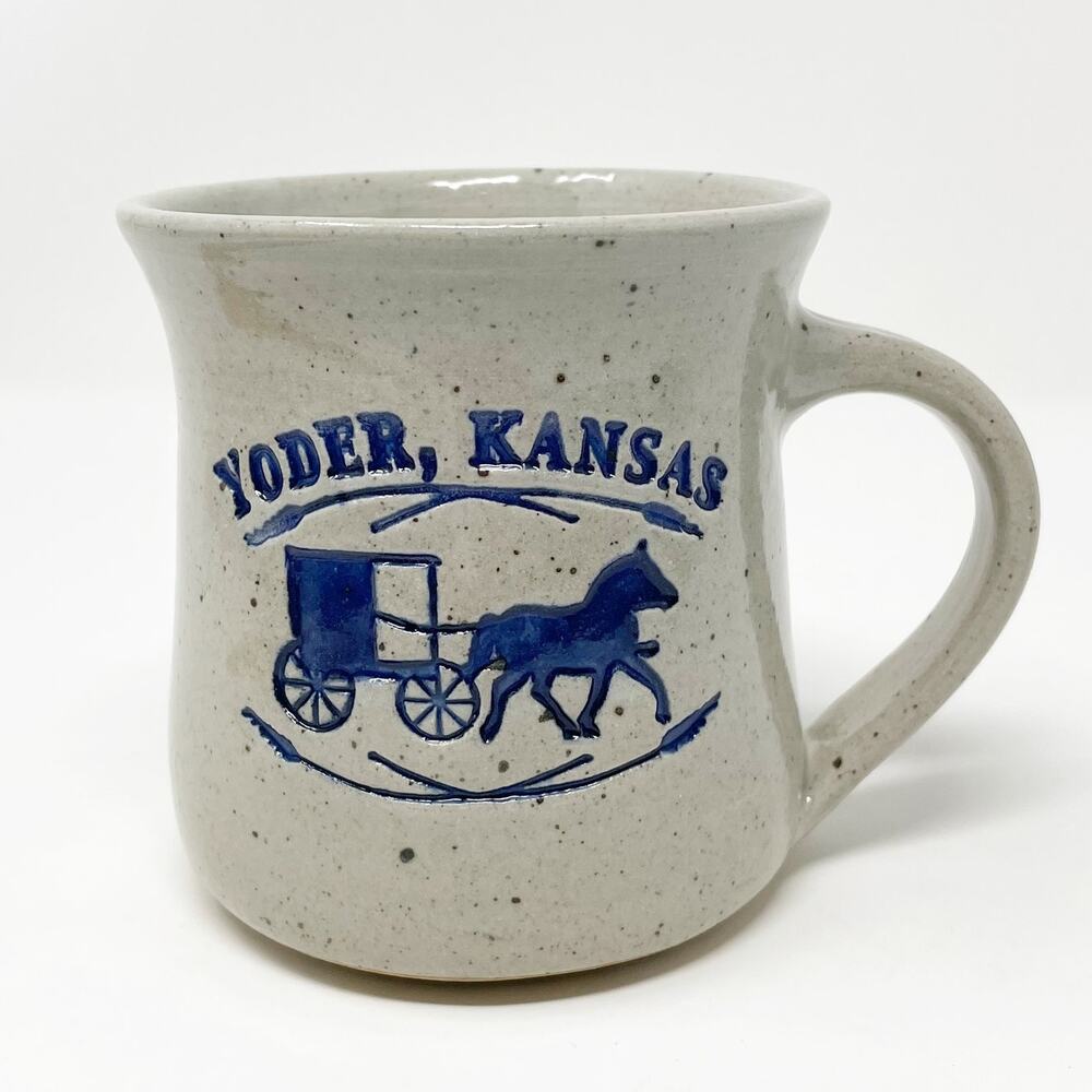 Elk Falls Pottery Yoder, Kansas Blue Speckled Coffee‎ Mug Cup Carriage Horse EUC